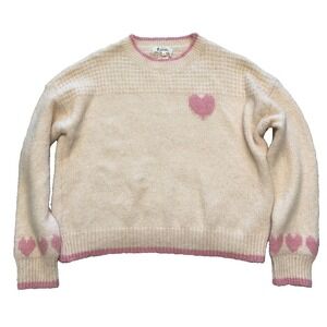 NWT Kilky Heart Sweater Womens L Cream Pink Wool Blend Cute Cozy Fall Knitwear